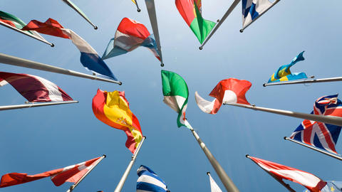 National flags of many countries fluttering in the wind