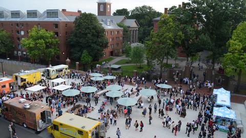 Harvard Science Center Plaza overhead view with food trucks and people