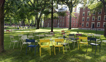 Multicolored chairs are arranged in Harvard Yard