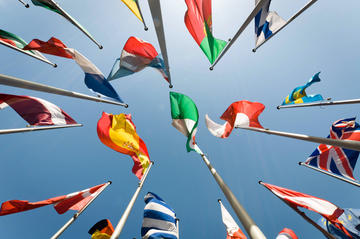 National flags of many countries fluttering in the wind