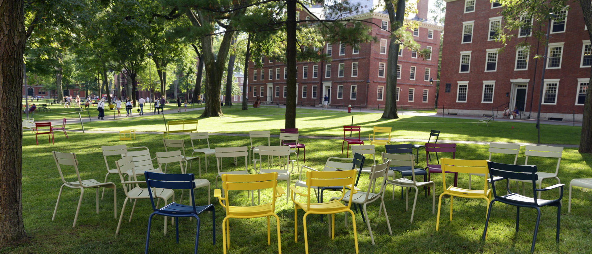 Multicolored chairs are arranged in Harvard Yard