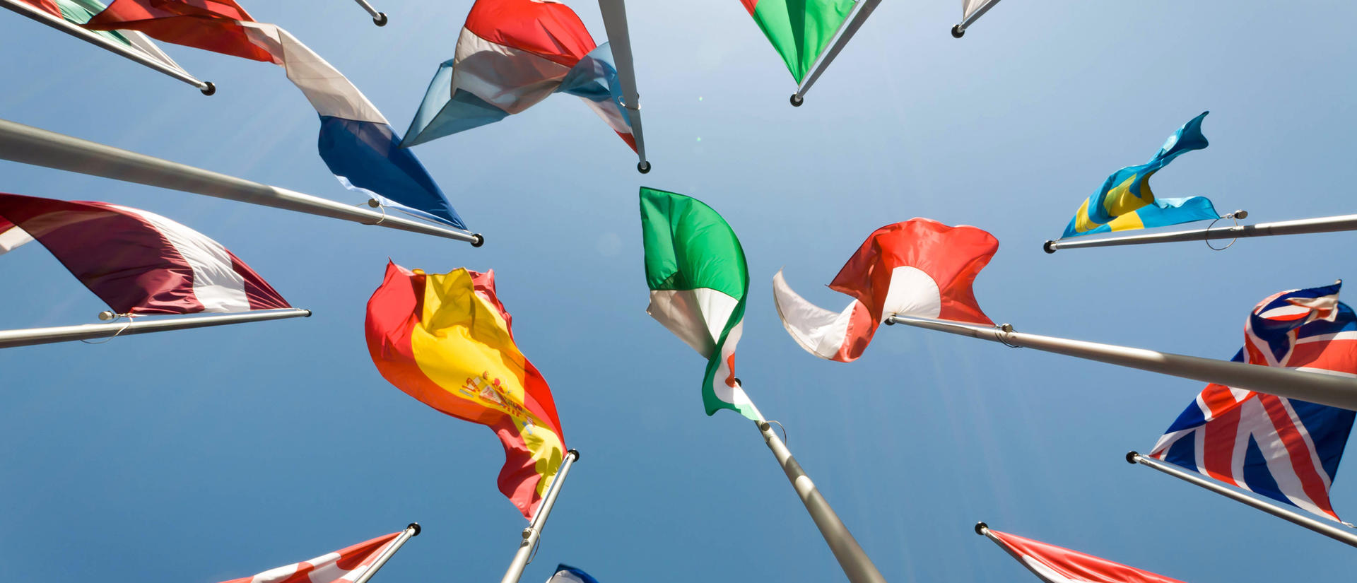 National flags of many countries fluttering in the wind
