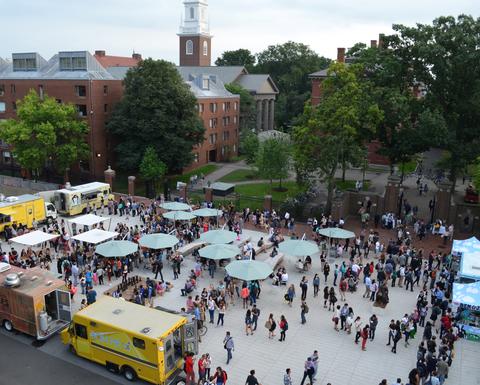 Harvard Science Center Plaza overhead view with food trucks and people